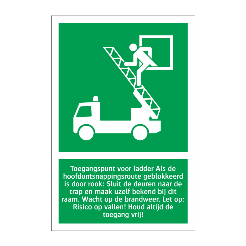 Toegangspunt voor ladder Als de hoofdontsnappingsroute geblokkeerd is door rook: Sluit de deuren naar de trap en maak uzelf bekend bij dit raam. Wacht op de brandweer. Let op: Risico op vallen! Houd altijd de toegang vrij!