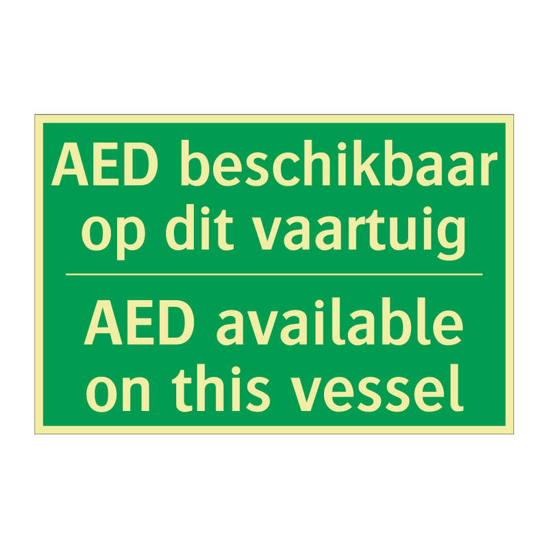 AED beschikbaar op dit vaartuig /.../ - AED available on this vessel /.../