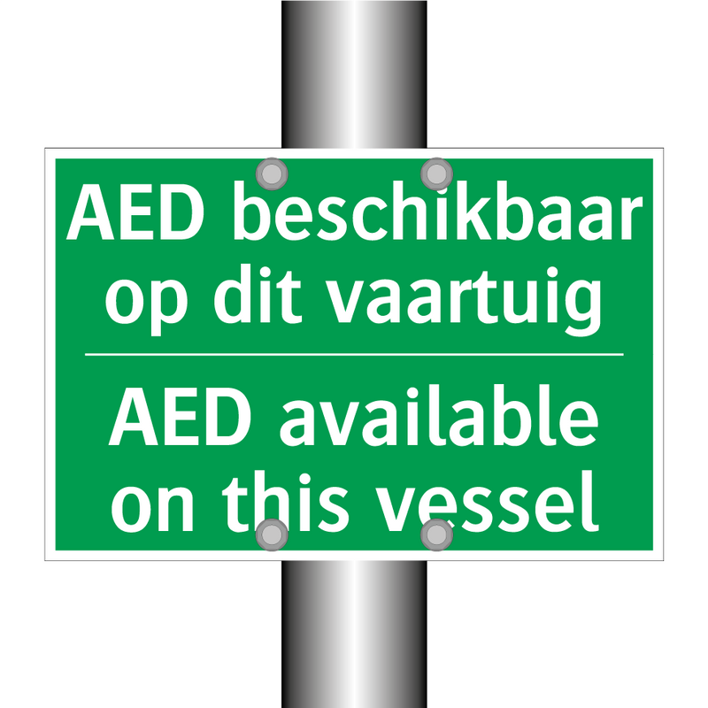 AED beschikbaar op dit vaartuig /.../ - AED available on this vessel /.../