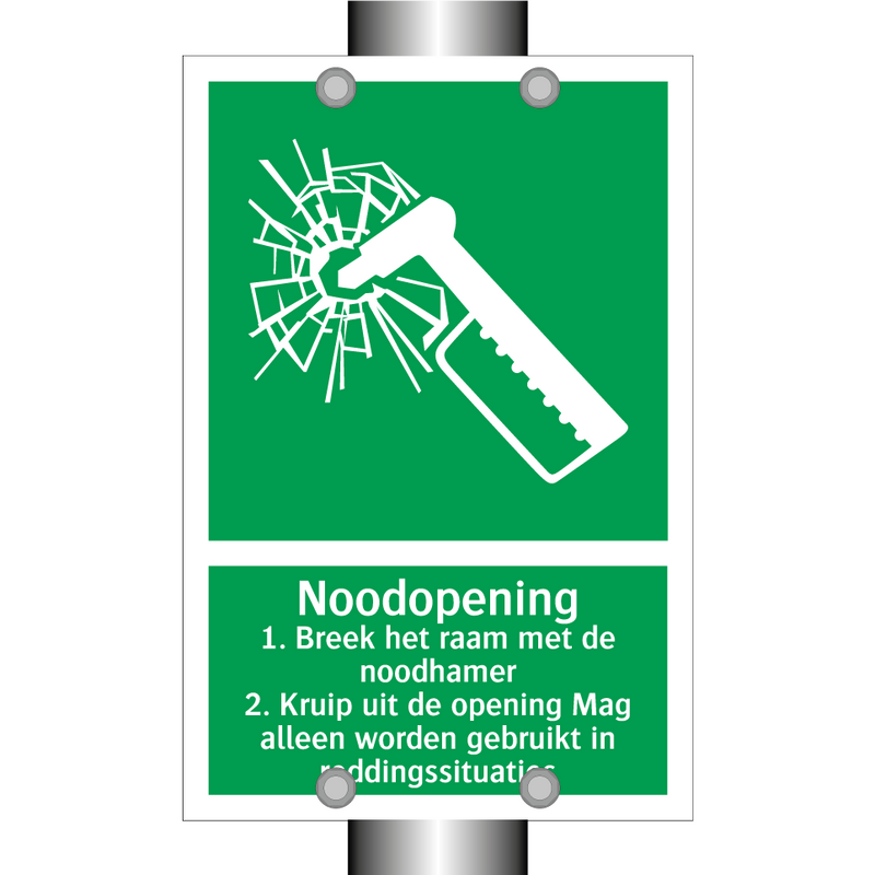 Noodopening 1. Breek het raam met de noodhamer 2. Kruip uit de opening Mag alleen worden gebruikt in reddingssituaties