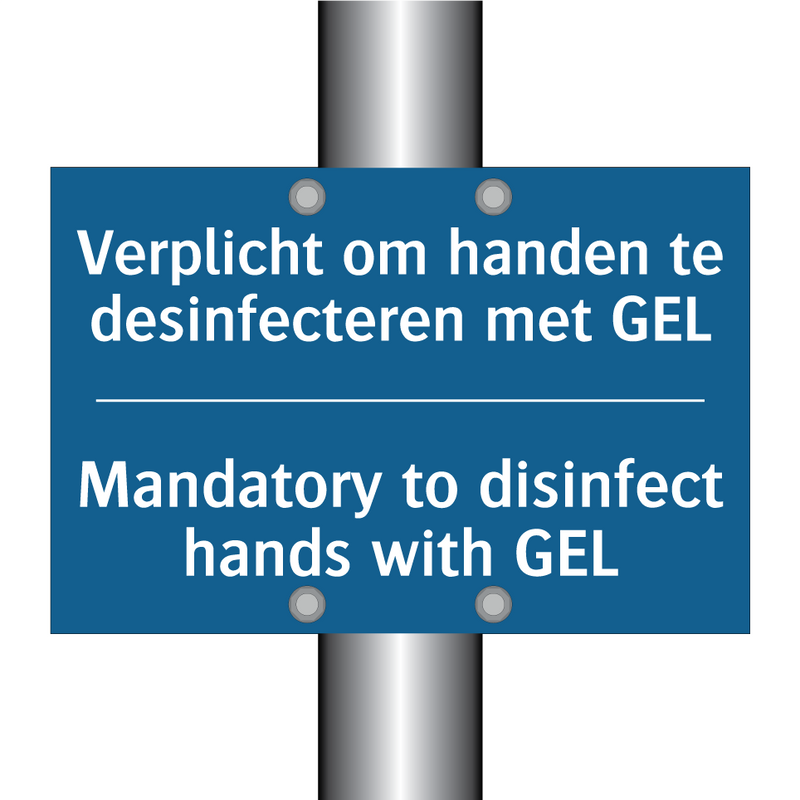 Verplicht om handen te desinfecteren /.../ - Mandatory to disinfect hands with /.../