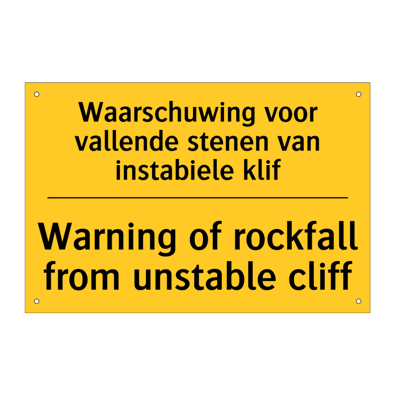 Waarschuwing voor vallende stenen van instabiele klif - Warning of rockfall from unstable cliff