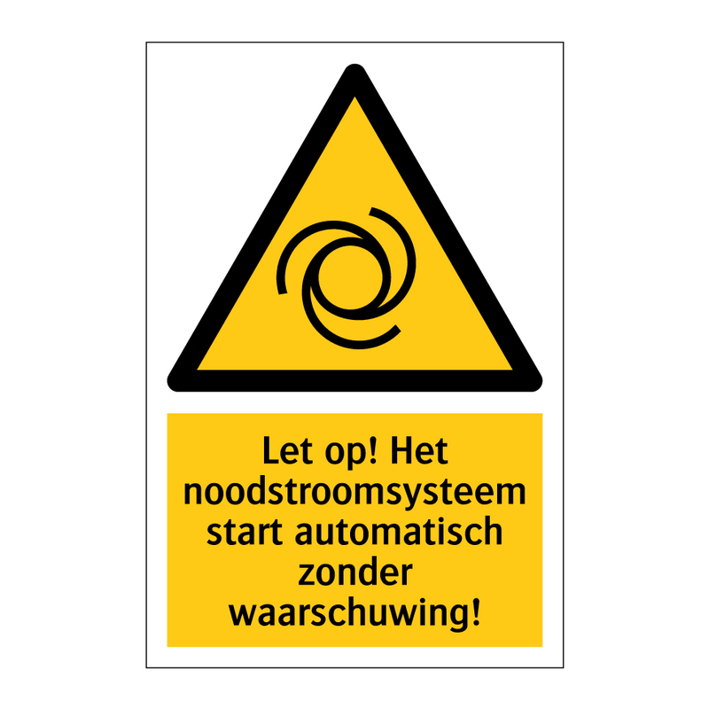 Let op! Het noodstroomsysteem start automatisch zonder waarschuwing!